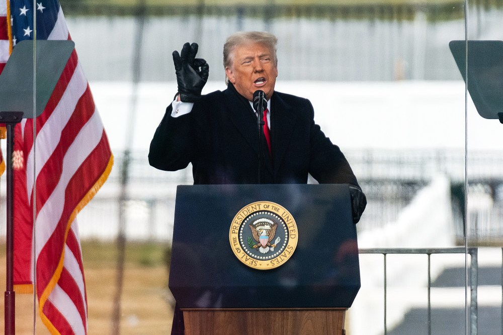 U.S. President Donald Trump speaks during a "Save America Rally".