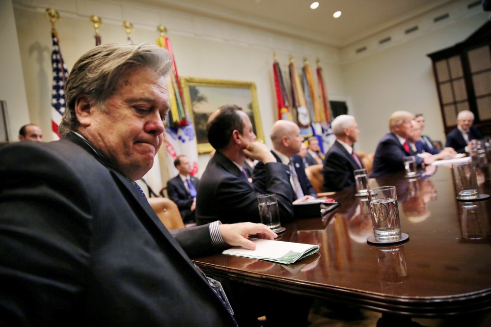 Image:  White House Chief Strategist Bannon attends a meeting between U.S. President Trump and congressional leaders in Washington
