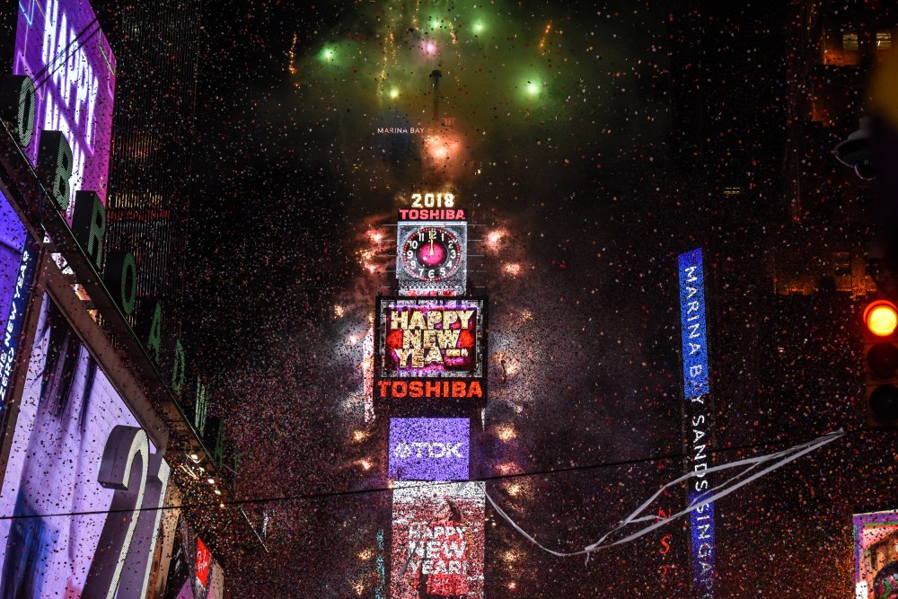 Image: Fireworks explode in Times Square on New Year's Eve on January 1, 2018.