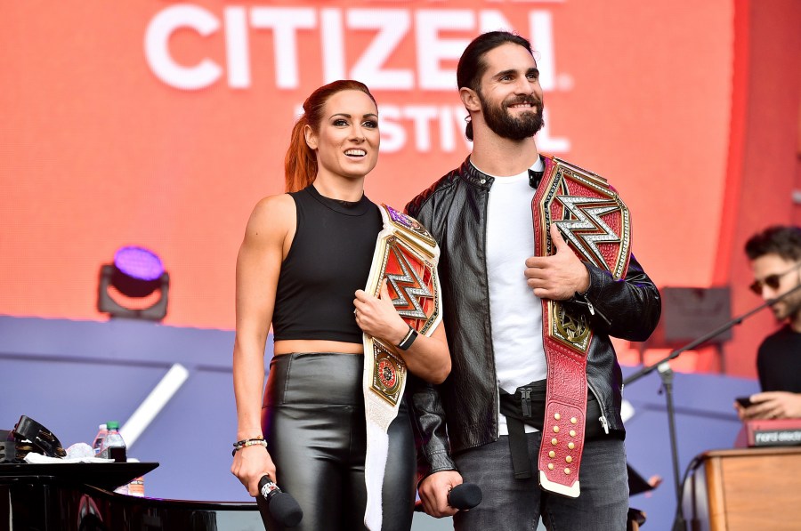 Image: Becky Lynch and Seth Rollins speak at the Global Citizen Festival in Central Park on Sept. 28, 2019.
