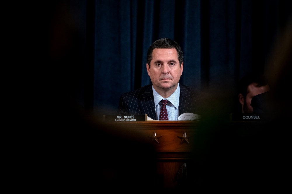 Image: Rep. Devin Nunes, R-CA, looks on during testimony at a House Intelligence Committee hearing on the impeachment inquiry into President Donald Trump on Nov. 20, 2019.