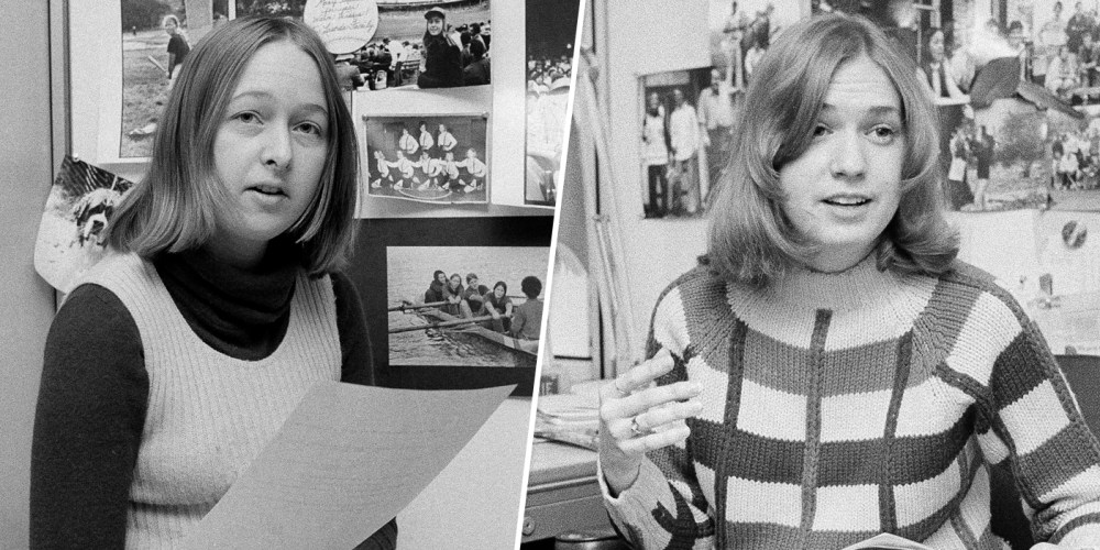 Image: Melissa Ludtke, a writer for Sports Illustrated, is shown on the job in her office in New York in 1978; and Stephanie Salter of Sports Illustrated in her office in 1973.