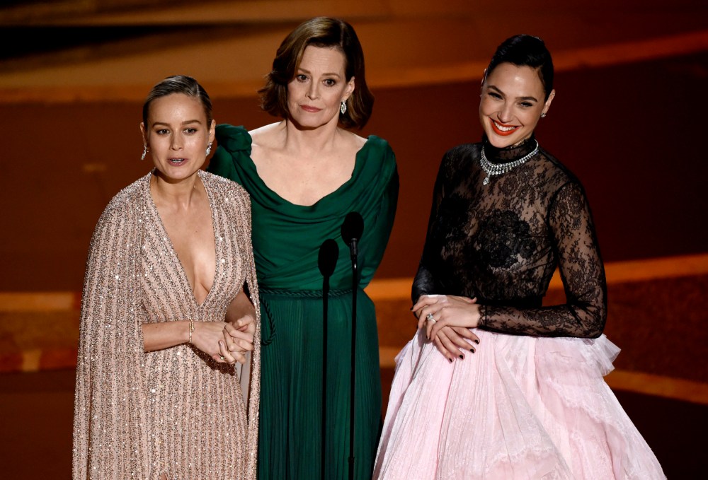 Image: Brie Larson, Sigourney Weaver and Gal Gadot speak at the 92nd Annual Academy Awards on Feb. 9, 2020.