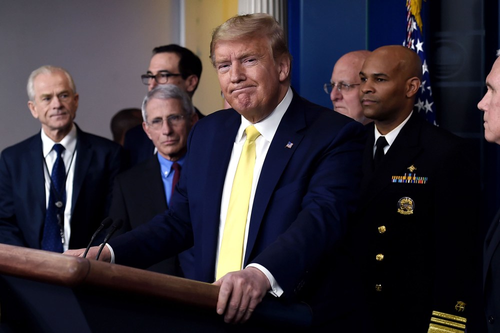 Image: President Donald Trump speaks about the COVID-19 (coronavirus) alongside members of the Coronavirus Task Force in the Brady Press Briefing Room at the White House