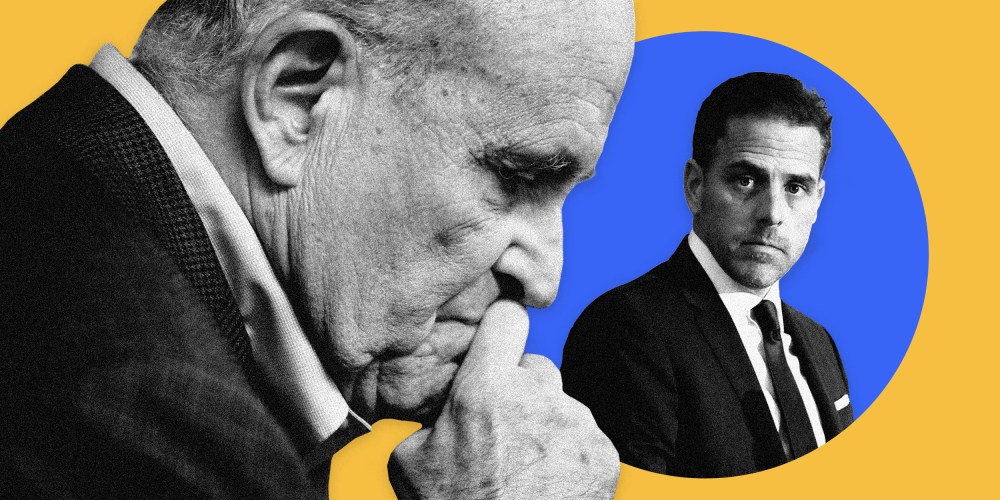 Image: Rudy Giuliani thinking on a yellow background next to Hunter Biden in a blue circle.
