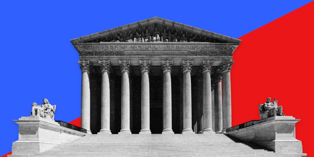 Image: The Supreme Court on a half blue, half red background.
