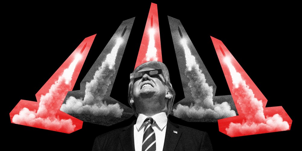 Trump looks up with protective glasses as nuclear missiles go up in the background.