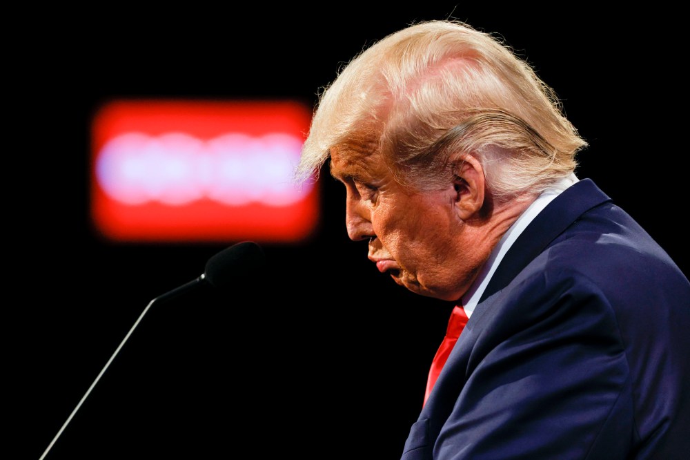 Image: President Donald Trump reacts at the final; presidential debate in Nashville on Oct. 22, 2020.