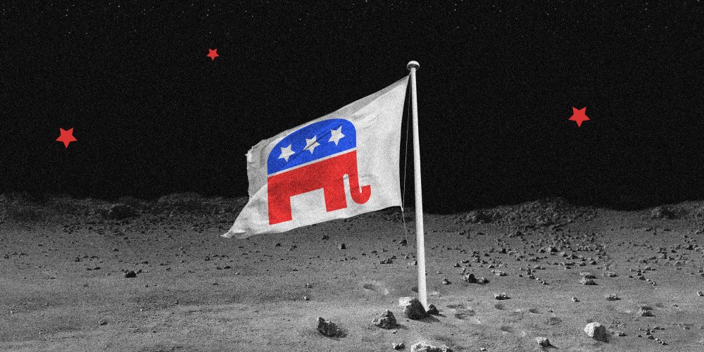 Image: A flag with the GOP elephant, three white stars on the blue hump, rest of the body in red, on the surface of the moon with three red stars in the sky