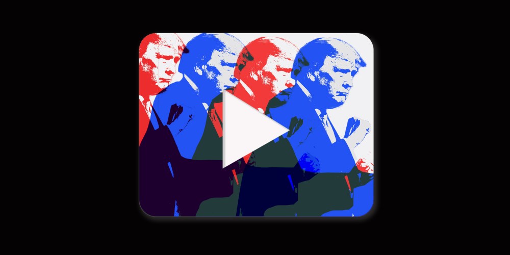 Image: A play button with overlapping red and blue silhouettes of Trump dancing