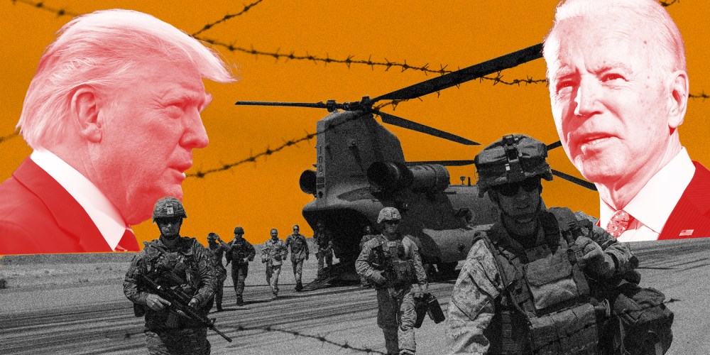 Image: Soldiers walk off the runway from a helicopter. Trump and Biden's profile loom are set against a deep yellow sky in the background