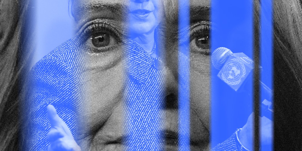 Image: A black and white close up of Hillary Clinton is juxtaposed with blurry blue lines that contain an image of her speaking at the UN.