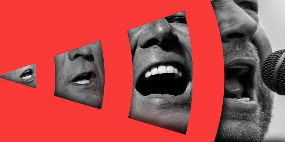 Image: Each segment of a volume icon has a different open mouth, first of Donald Trump, Sean Hannity, Rush Limbaugh and then Alex Jones.