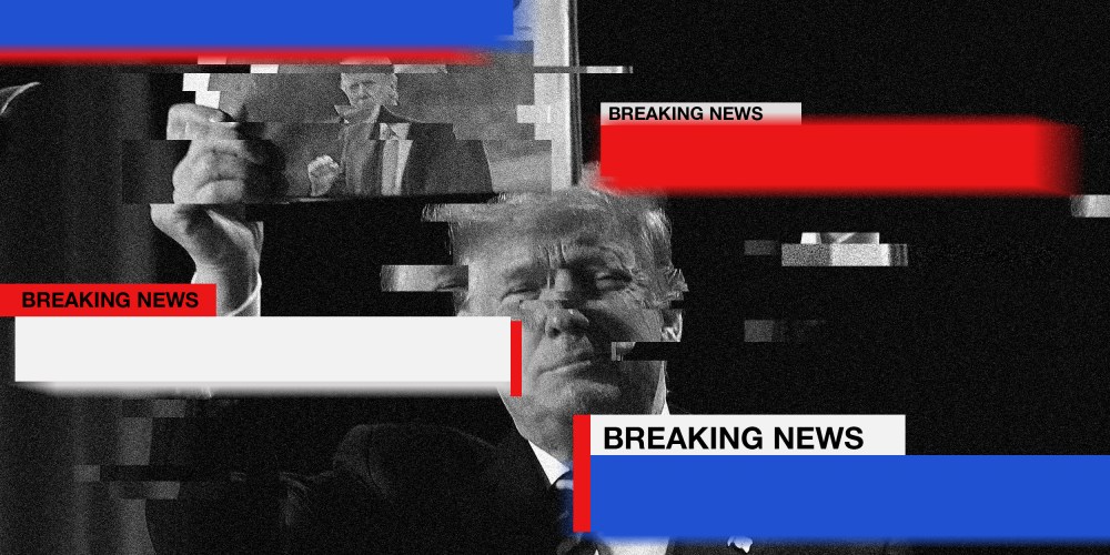 Image: Blue, red and white Strips move across the screen that read,"Breaking News", over a glitching black white image of Donald Trump holding up a newspaper with his photo.
