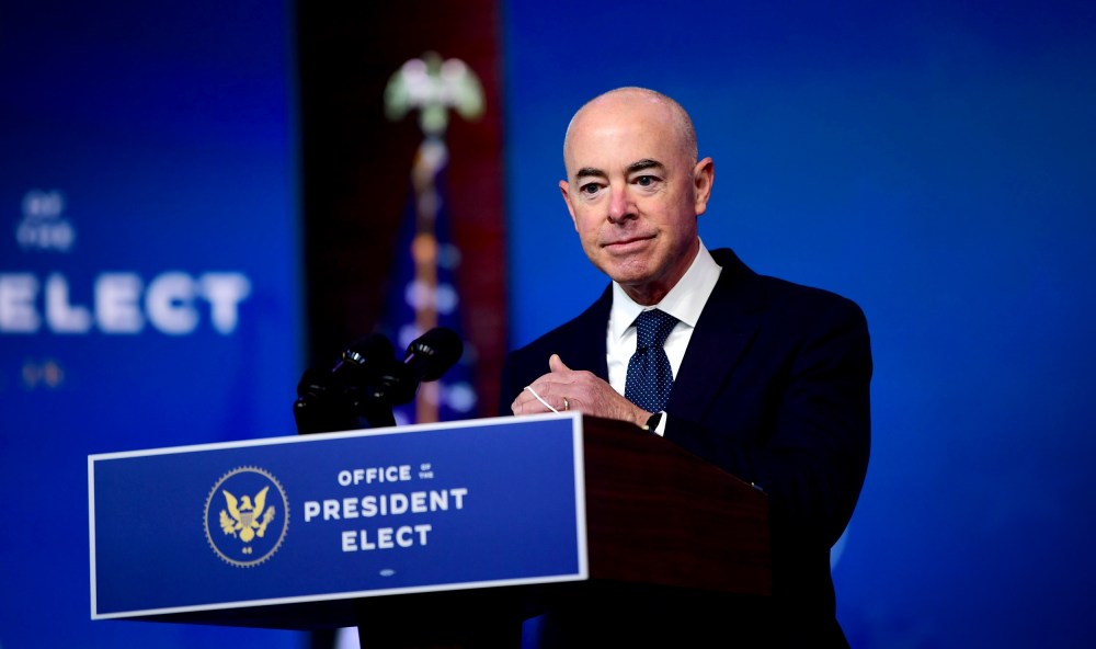 Image: Alejandro Mayorkas, nominee for Secretary of Homeland Security, speaks at an event held by President-elect Joe Biden on Nov. 24, 2020.