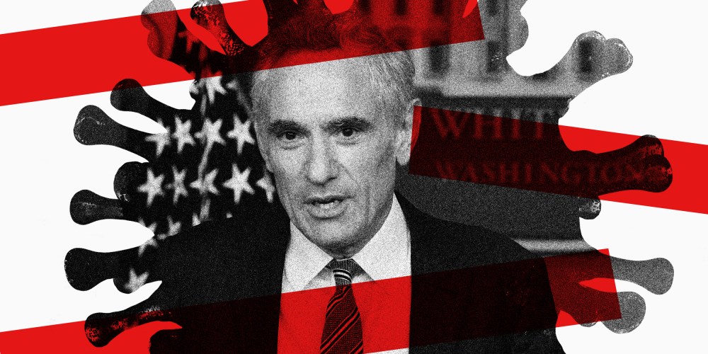 Image: Image of Scott Atlas inside a Coronavirus silhouette with red bars over it