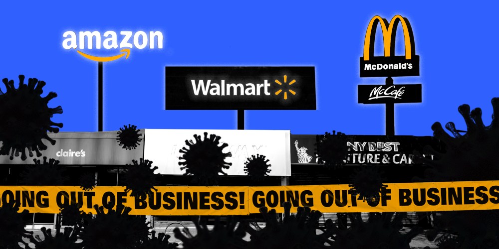 Image: Small businesses in the foreground are covered by COVID spores and corporates logos of Amazon, Walmart and McDonalds stand above them in the background.