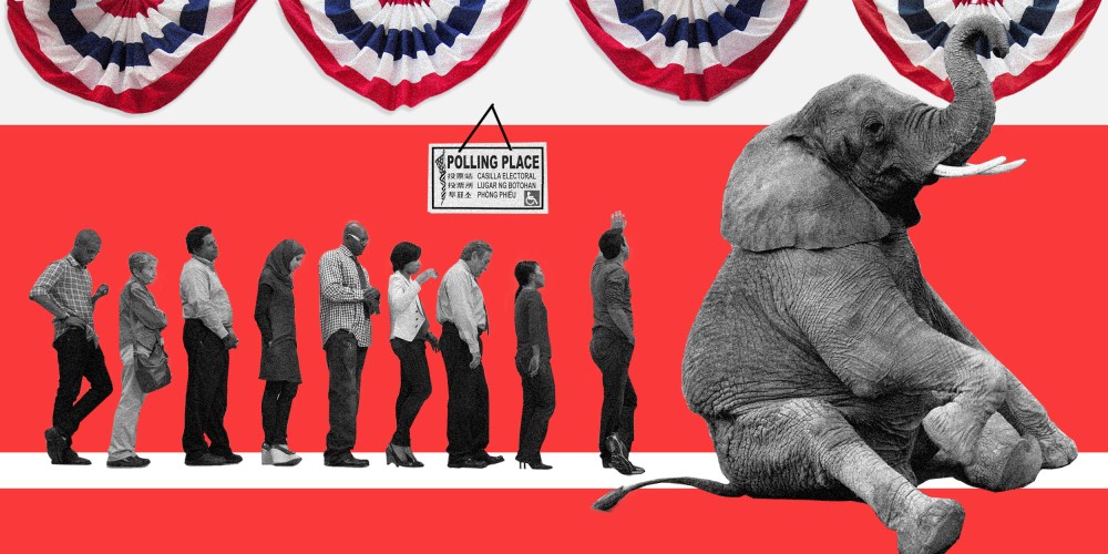 Image: An elephant sits and blocks a voting line