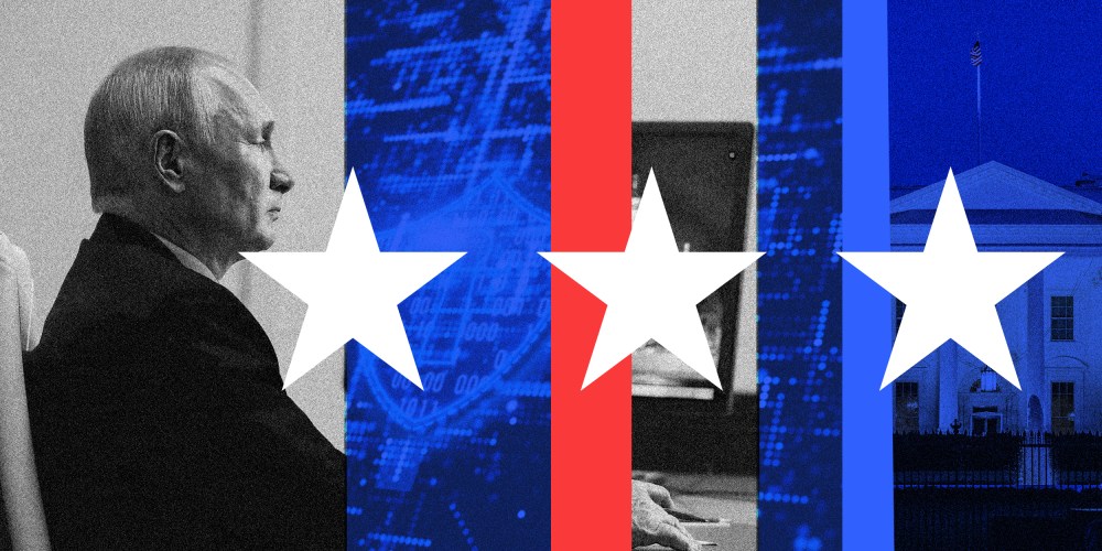 Image: Vladimir Putin in front of a computer facing an image of the white house, superimposed with strips showing a closeup of a security screen