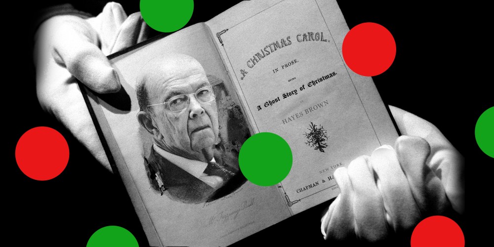 Image: A hand holding an open copy of 'The Christmas Carol' with a photo of Wilbur Ross on the page.