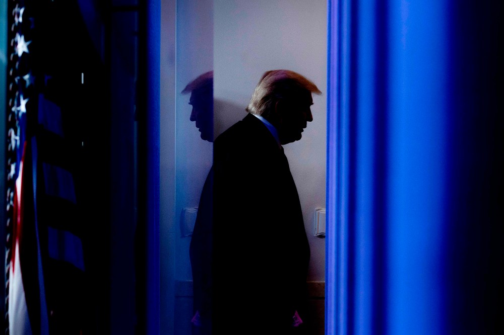 Image: President Donald Trump departs after speaking during the daily briefing on the novel coronavirus in the Brady Briefing Room of the White House.