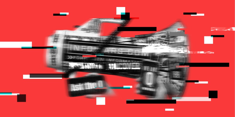 Photo illustration of a blurry megaphone with stickers that read," Infowars.com" and phone screens that read,"Ask the Q" and "We are Q".