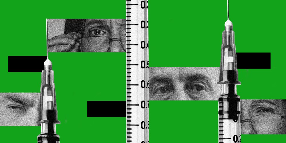 Photo illustration of multiple eyes that look skeptical alongside vaccines.