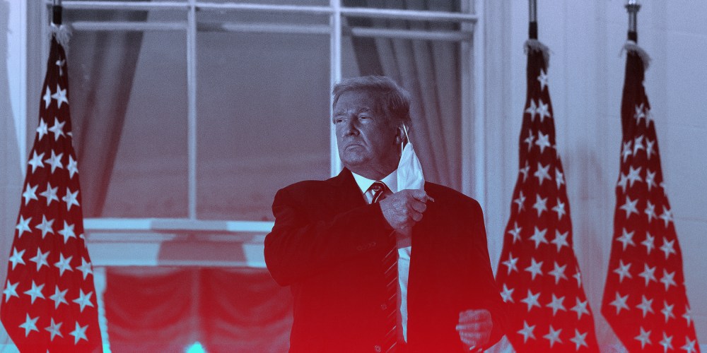 Image of US President Donald Trump takes off his facemask as he arrives at the White House with a red overlay