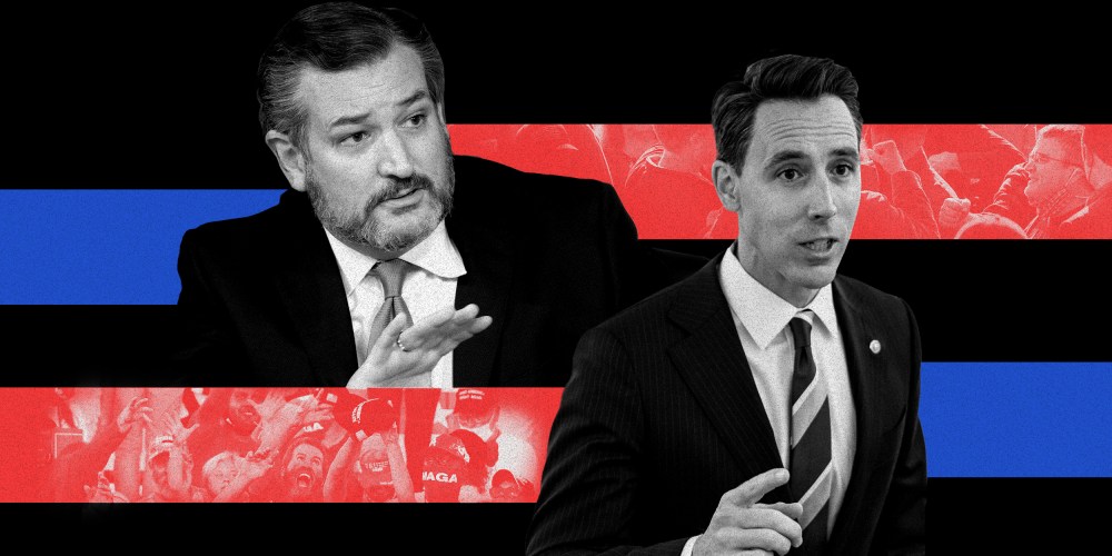 Photo illustration of Senator Ted Cruz and Senator Josh Hawley speaking superimposed by red and blue strips. Red strips have images of crowds cheering.