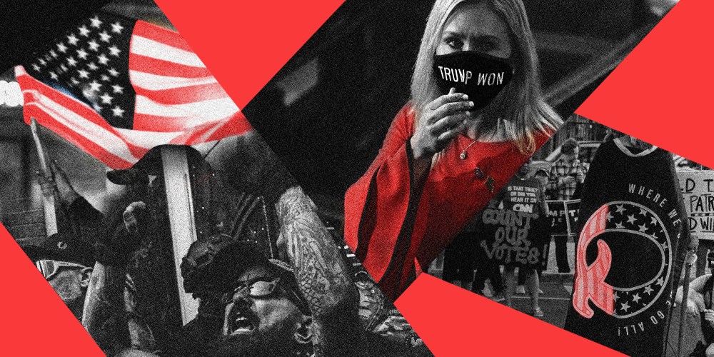 Photo collage of the "Proud Boys" protesting, Rep. Marjorie Taylor Greene wearing a mask that reads, "Trump Won" and a back of a protestor wearing a cape with the QAnon sign.