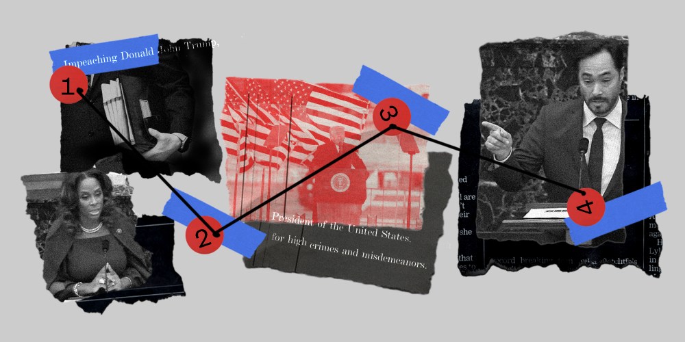 Photo collage showing images of a hand holding a file, Del. Stacey Plaskett speaking, Donald Trump speaking on a stage and Joaquin Castro, connected with a graph.