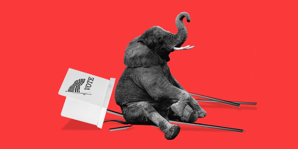 Photo illustration of an elephant sitting over a fallen voting booth