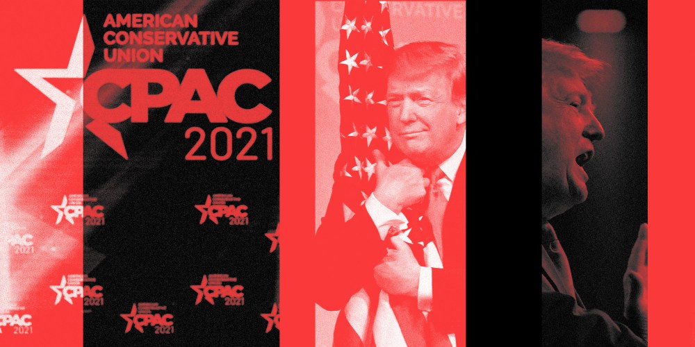 Photo collage of the stage at CPAC 2021, Donald Trump hugging the American flag and Donald Trump speaking on stage.