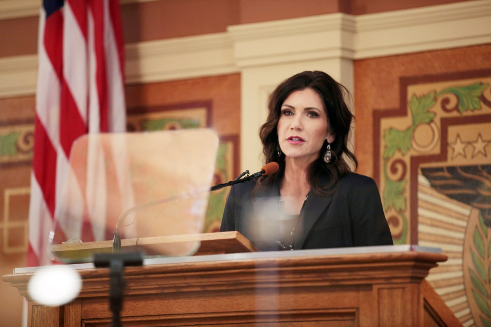 South Dakota Gov. Kristi Noem addresses the Legislature, Tuesday, Feb. 9, 2021, at the Capitol in Pierre, S.D.