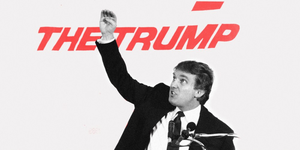 Image: Young Donald Trump speaking at a podium. Text behind him partially reads, "The Trump"