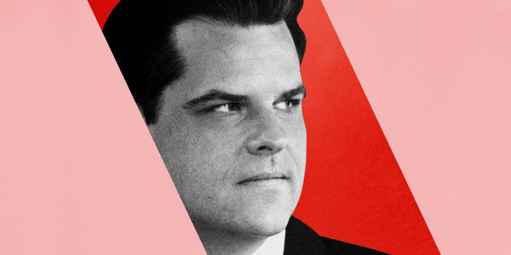 Image: Illustration of Matt Gaetz inside a block of red surrounded by pink.