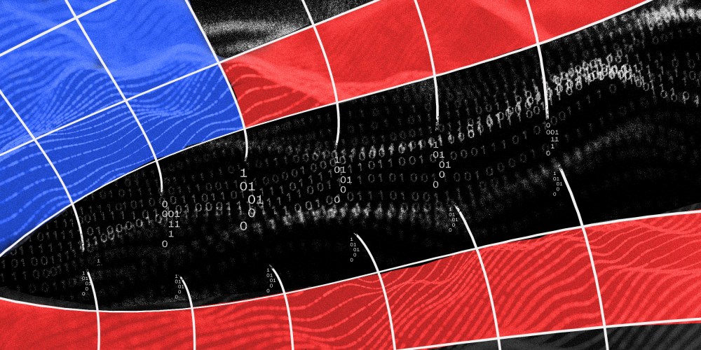 Photo illustration: A grid with blue and red overlay breaks into binary code into a black background.