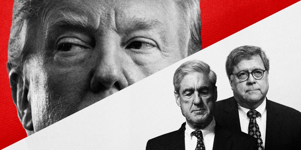 Illustration of former President Donald Trump, Robert Mueller, and former AG William Barr.