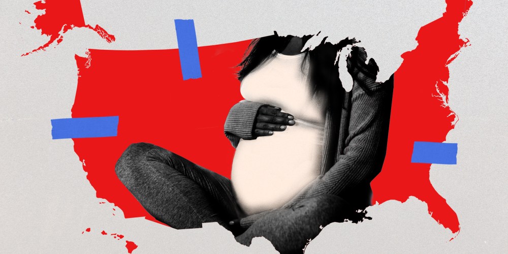 Photo illustration: A pregnant woman shown inside the U.S. map.