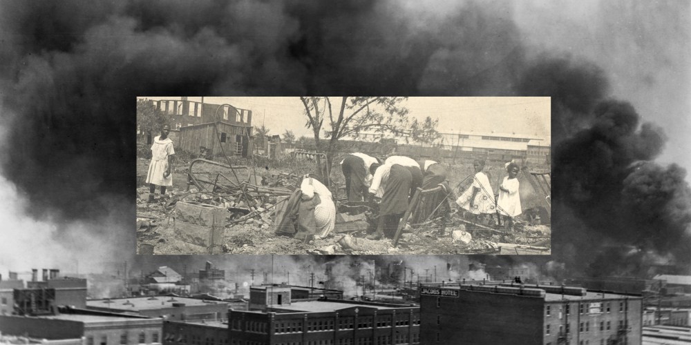 Photo illustration: Image of people searching through rubble after the Tulsa Race Massacre over an image of black smoke coming from the fire during the massacre.
