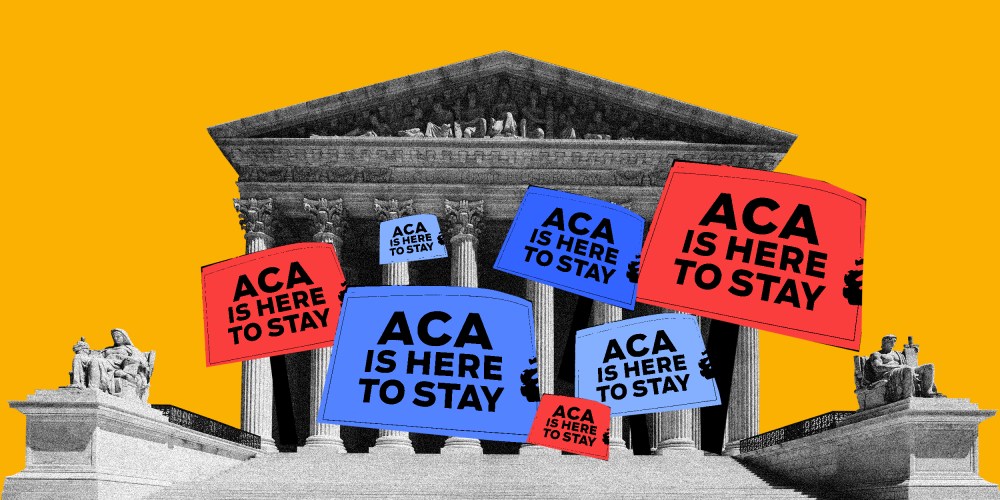 Photo illustration: Seven boards coming out of the Supreme Court building read as,"ACA is here to stay".