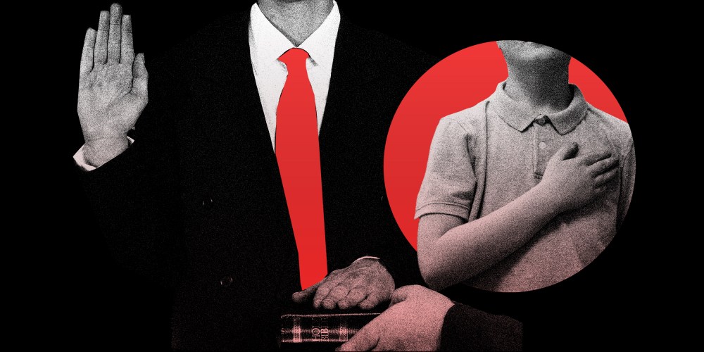 Photo illustration: An adult and a child taking oaths.