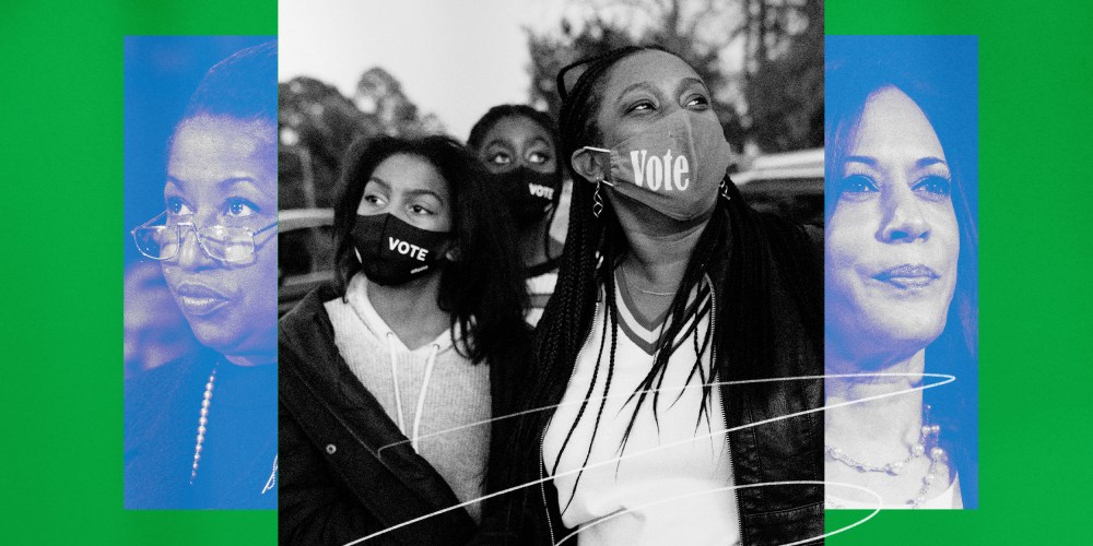Illustration of Senator Carol Moseley Braun, Black women voters in Georgia, and Vice President Kamala Harris.