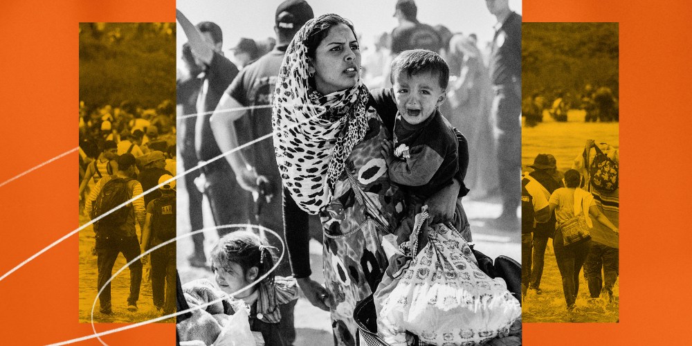 Illustration of Central American migrants crossing a river and a Syrian refugee mother and children.