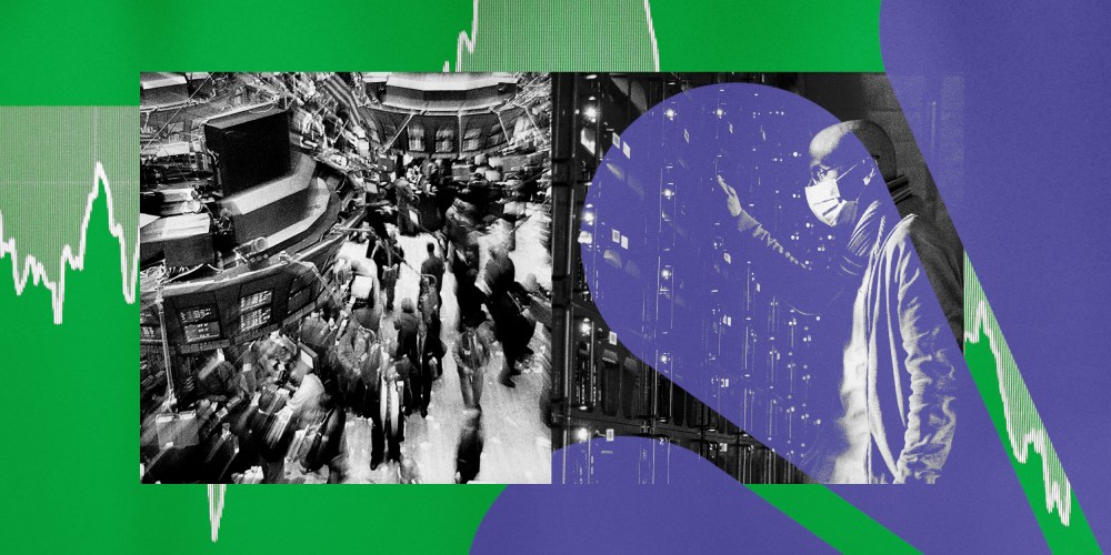 Illustration shows photos of the Wall Street Stock Exchange floor in the 1990s and of a man at a cryptocurrency mine.