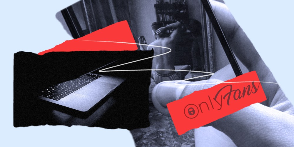 Photo illustration: Images of a half closed laptop in a dark room, a hand holding a phone with a person taking their photo with a scribble over it and the logo for OnlyFans.