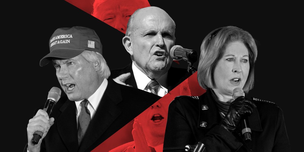 Photo illustration: Lin Wood, Rudy Giuliani, Donald Trump, Sidney Powell.