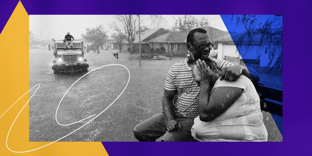 Illustration shows a photo of two Black Residents ride in a rescue boat through a flooded neighborhood in LaPlace, La., after Hurricane Ida struck on Aug. 30, 2021.