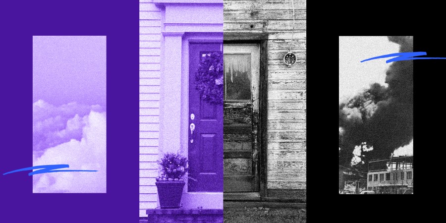 Photo illustration: First half of the image shows a window with a sky and clouds and half of a door with a wreath. The other half shows a run down door and a window showing smoke coming out of buildings.