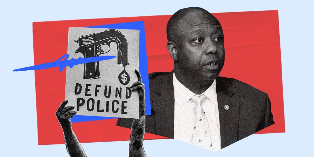 Photo illustration: Hands holding up a sign that reads,"Defund Police" with a scribble over it and Sen. Tim Scott.